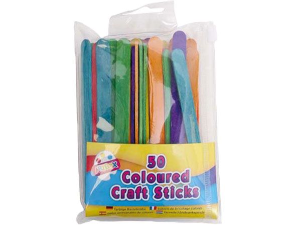 Art Box - 50  Coloured Wooden Lolly Craft Sticks, In Re-Sealable Pack