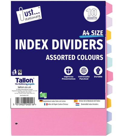 Just Stationery 10pk A4 Index Subject Dividers