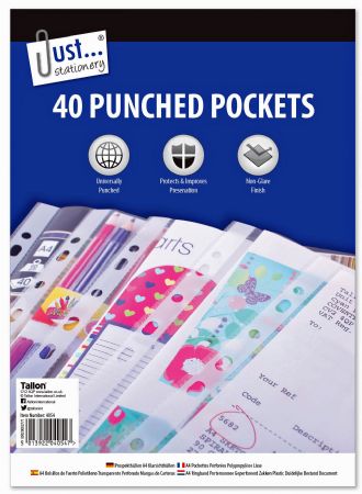 Just Stationery 40pk Clear A4 Punched Pockets