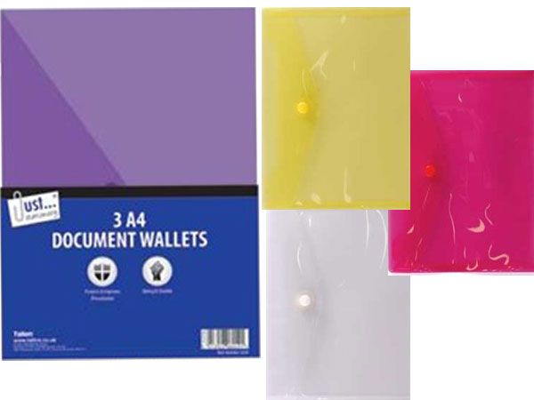 Just Stationery 3pk A4 polyfile Plastic Document Wallets, Assorted At Random