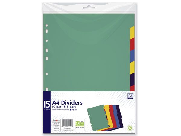 A* Stationery 15pk A4 Index Subject Dividers, 10 Part and 5 Part