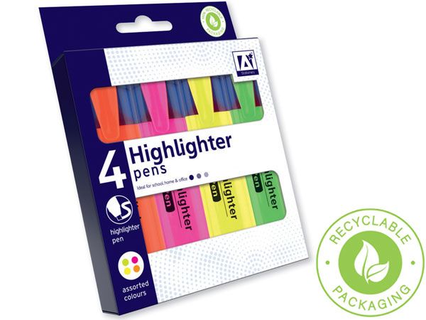 A* Stationery 4 Neon Coloured Highlighters