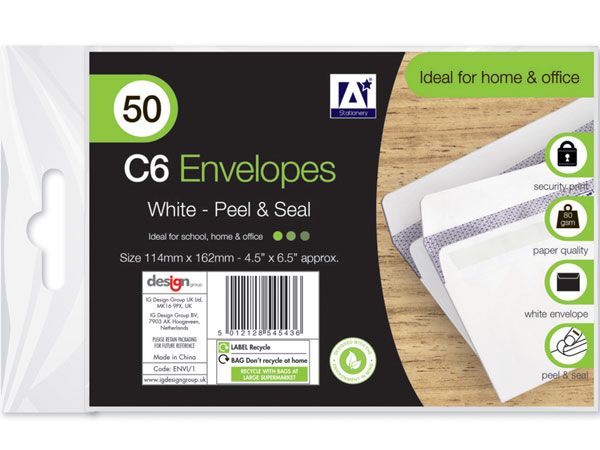 A* Stationery 50pk C6 White Envelopes Peel and Seal