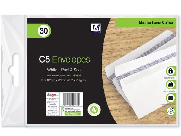 A* Stationery 30pk C5 White Envelopes Peel and Seal