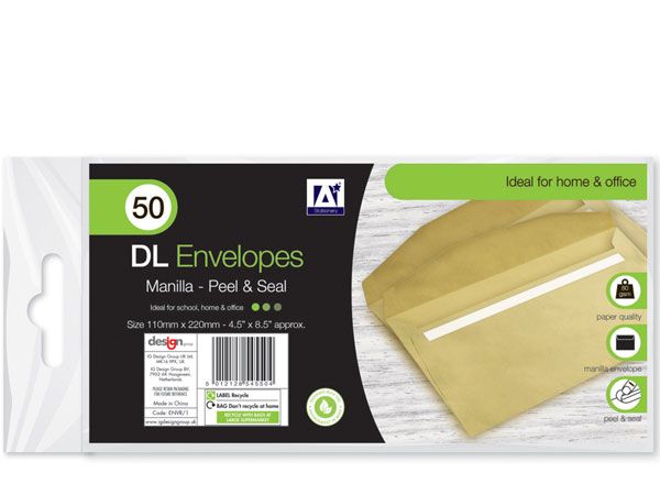 A* Stationery 50pk DL Manilla Envelopes Peel and Seal