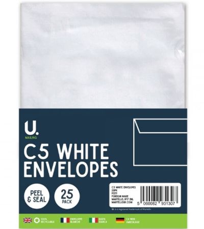 U.Mailing 25pk C5 White Peel And Seal Envelopes