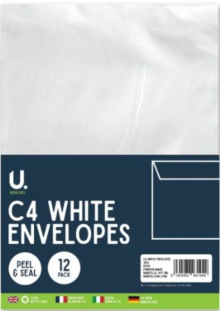U.Mailing 12pk C4 White Peel And Seal Envelopes