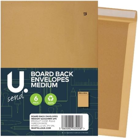 U.Mailing 6 Pack Board Back Envelopes - Medium 162 x 229mm | P2243