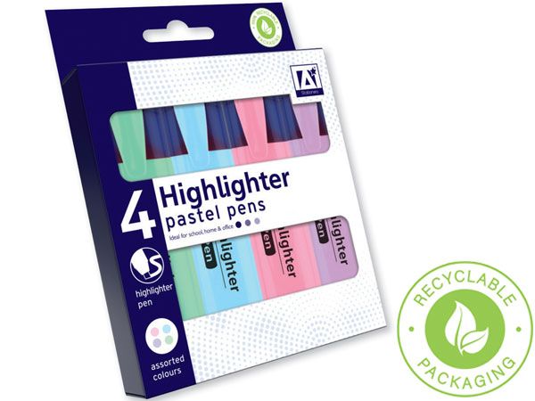 A* Stationery 4 Pastel Coloured Highlighters