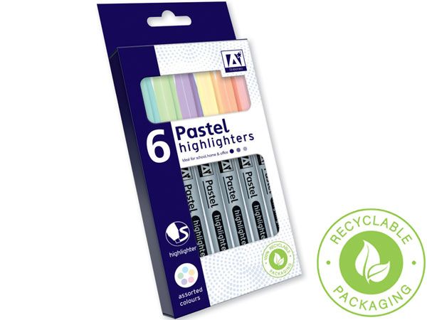 A* Stationery 6 Pastel Highlighters