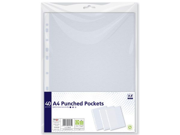 A* Stationery 40pk Clear A4 Punched Pockets