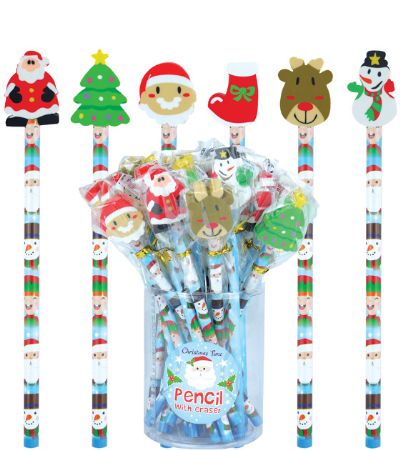 24x Eraser Topped Festive Christmas Pencil In Assorted Designs
