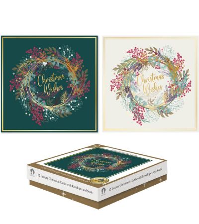 Festive Wonderland 12 Luxury Square Christmas Cards - Wreath