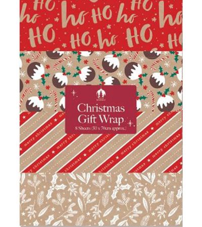 Festive Wonderland 8 Sheet Assorted Kraft Christmas Flat Wrap Gift Wrap  | X9151A