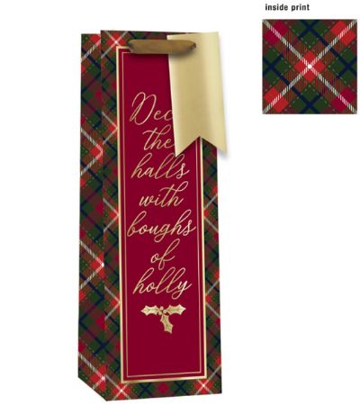 6x Bottle Christmas Gift Bag with Inside Print - Tartan Text Design