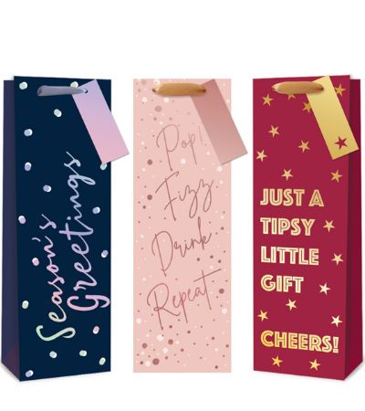 12x Bottle Christmas Gift Bag - Navy, Blue & Red Script