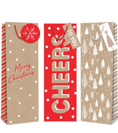 12x Bottle Christmas Gift Bag - Kraft Designs