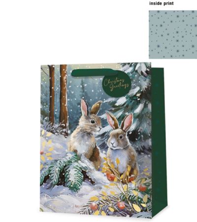 6x Large Christmas Gift Bag with Inside Print - Trad Festive Rabbit