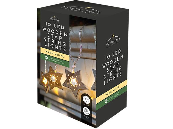 North Star 10 LED Wooden Star String Lights, Warm White, Battery Operated | XMA5829OB