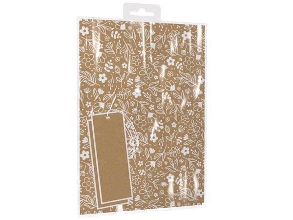 Giftmaker 2 Sheets Of Gift Paper and 2 Tags, Kraft Floral Pattern