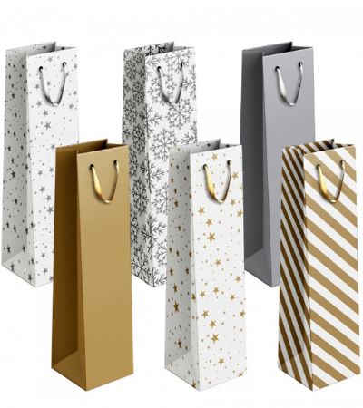 12x Bottle Gift Bag - Assorted Gold & Silver Pattern Designs | P1913