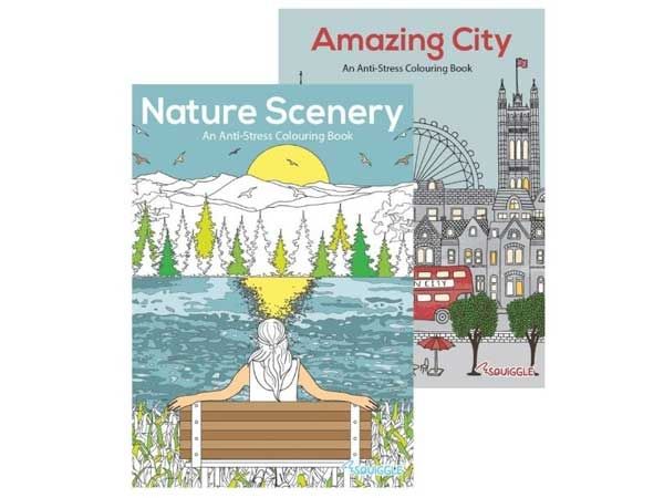6x Squiggle Advanced Relaxing Colouring Book - Nature Scenery And Amazing Cities