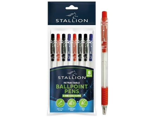 Stallion 8 pack Retractable Ballpoint Pens, Assorted Colour Ink zzz