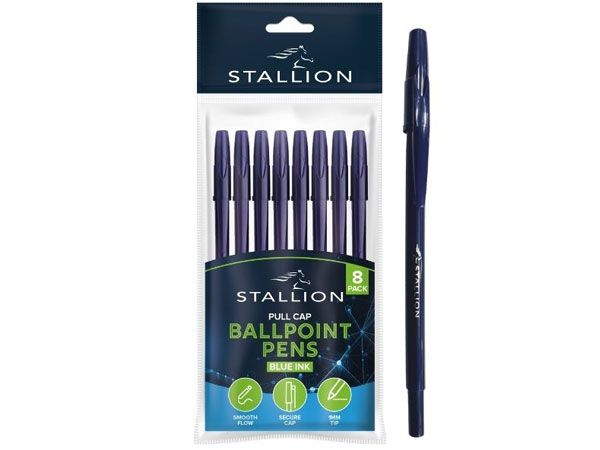Stallion 8 pack Pull Cap Ballpoint Pens, Blue Ink zzz